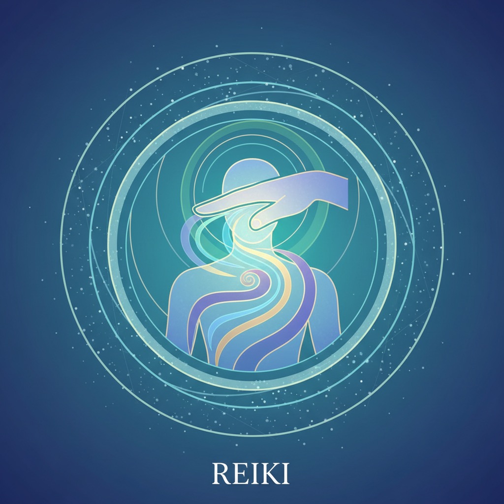 Eine stilisierte Darstellung einer Reiki-Behandlung mit einer Hand, die Energie auf eine menschliche Silhouette überträgt, umgeben von konzentrischen Kreisen auf blauem Hintergrund.