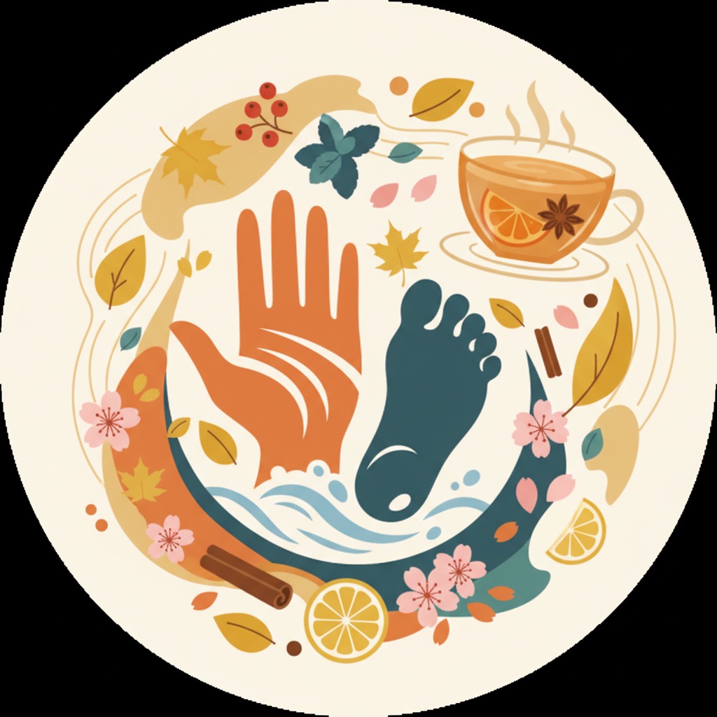 Eine stilisierte Illustration zeigt eine Hand und einen Fuß über fließendem Wasser, umgeben von herbstlichen Blättern, Blüten, einer Tasse Tee und Gewürzen.