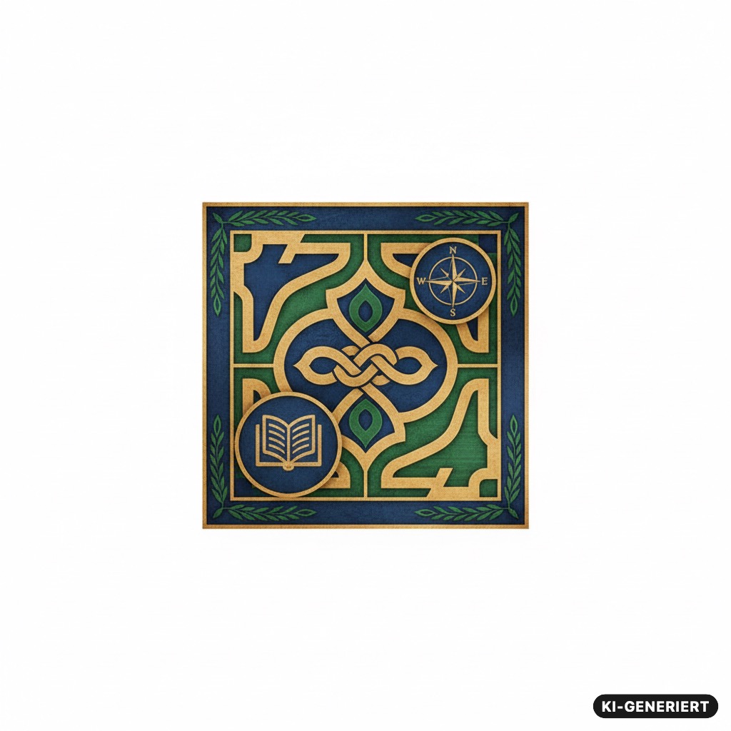 KI-generiert: Ein quadratisches Emblem mit keltischen Knotenmustern, einem Kompass und einem aufgeschlagenen Buch in Blau, Grün und Gold.