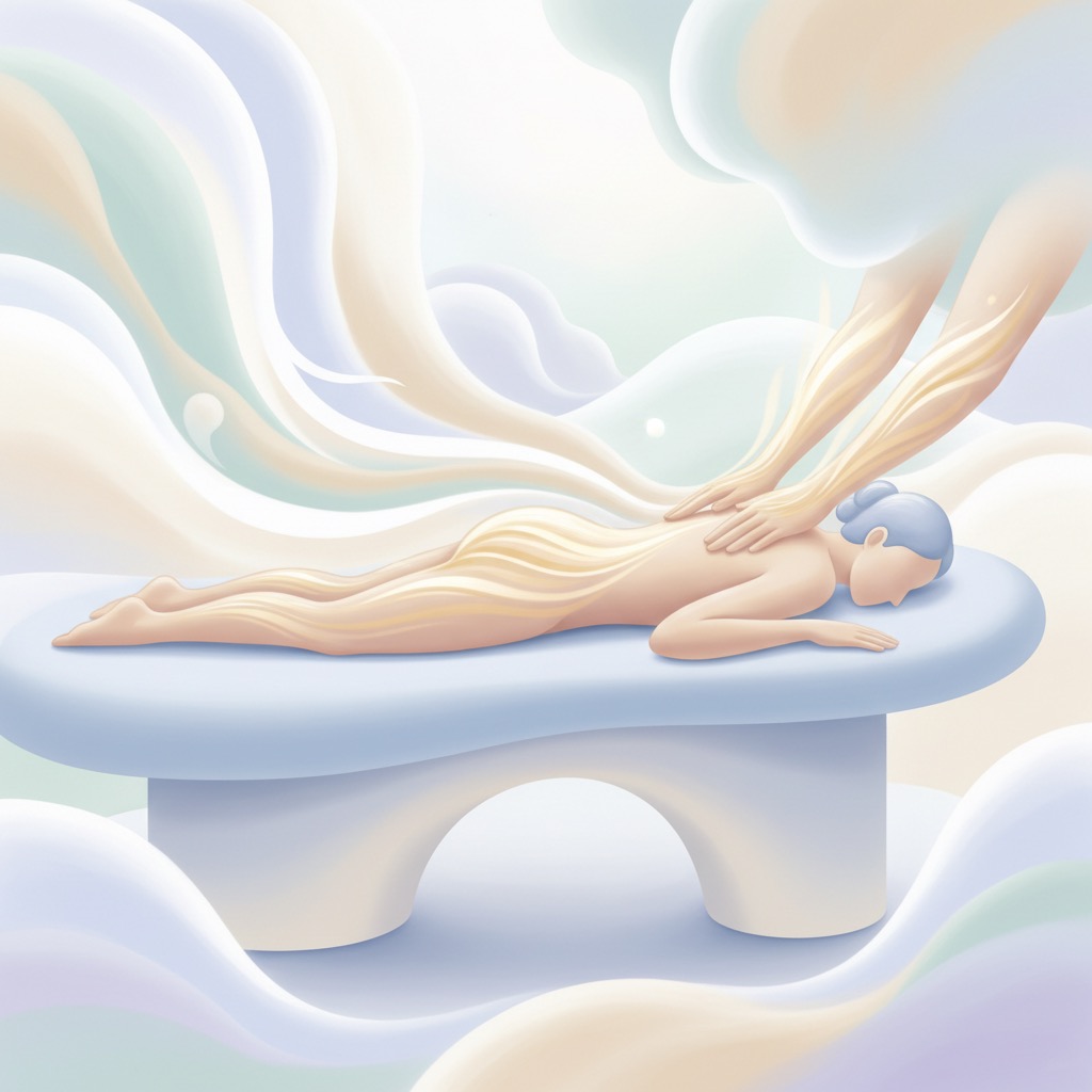Eine surrealistische Illustration zeigt eine Person, die auf einer hellblauen Liege entspannt, während Hände aus einer weichen, wolkenartigen Umgebung ihren Rücken massieren.
