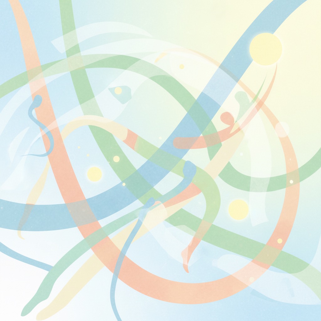 Abstrakte Illustration mit geschwungenen, halbtransparenten Linien in Pastellfarben auf hellem Hintergrund.