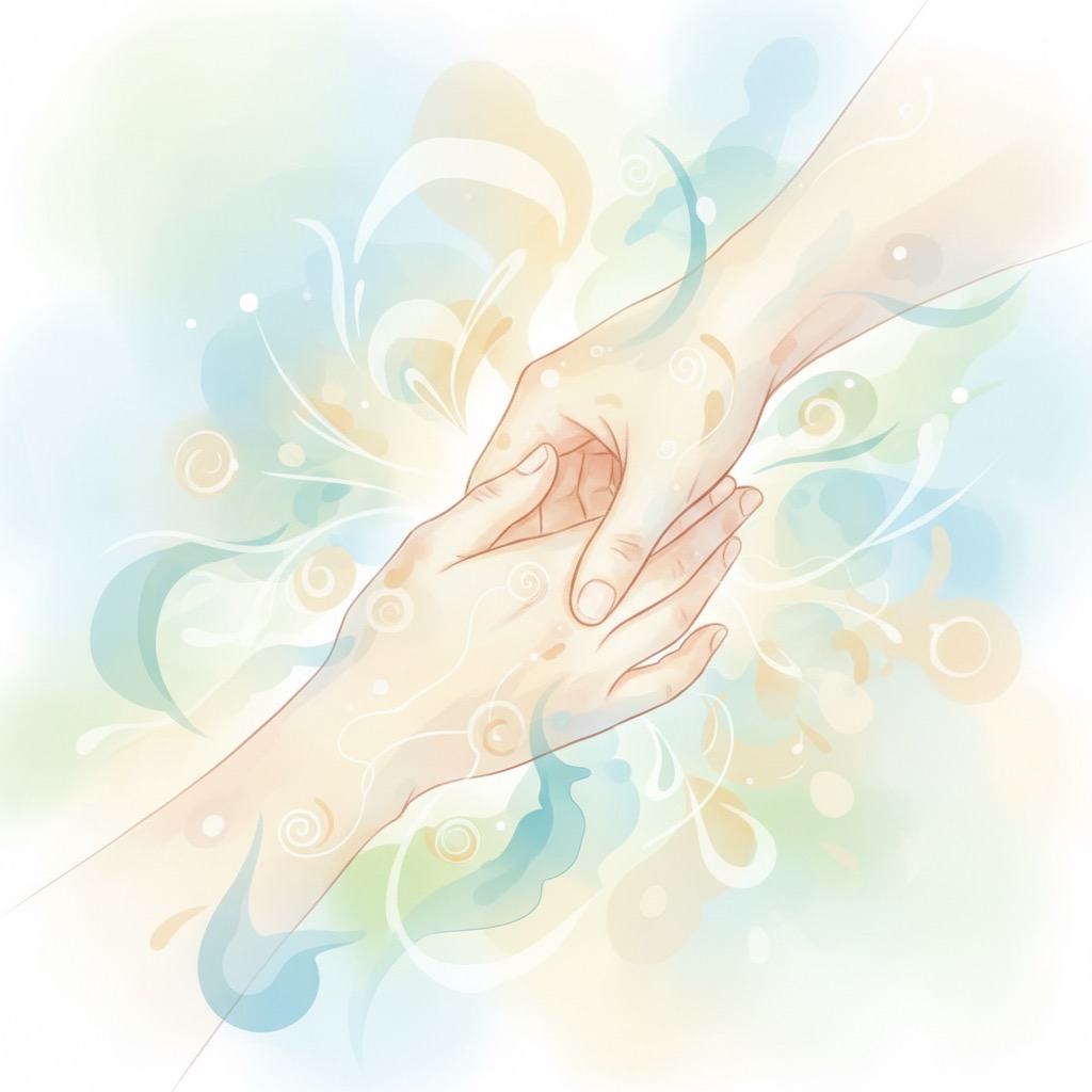 Zwei Hände greifen nachsichtig ineinander, umgeben von sanften, pastellfarbenen Aquarellwolken und filigranen Verzierungen.